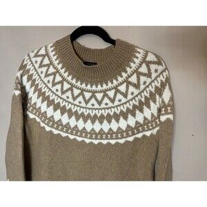 Talbots Fair Isle Sweater Womens Wool Blend Crew Neck Tan White Skiing Sz Small
